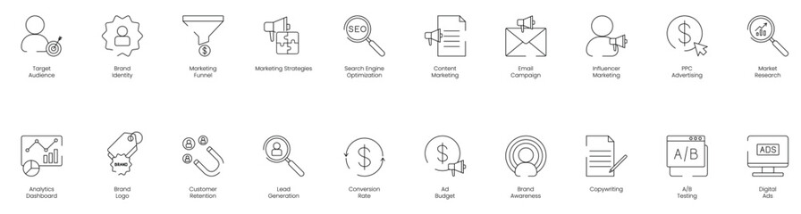 Comprehensive Marketing Icon Set Featuring Target Audience, Brand Identity, Funnel, Marketing Strategies, SEO, Content, Email Campaign, Influencer Marketing, PPC Advertising 