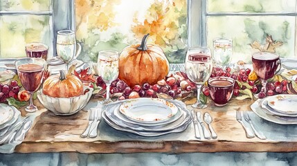 A painting of a table with a pumpkin and other fruits and vegetables on it