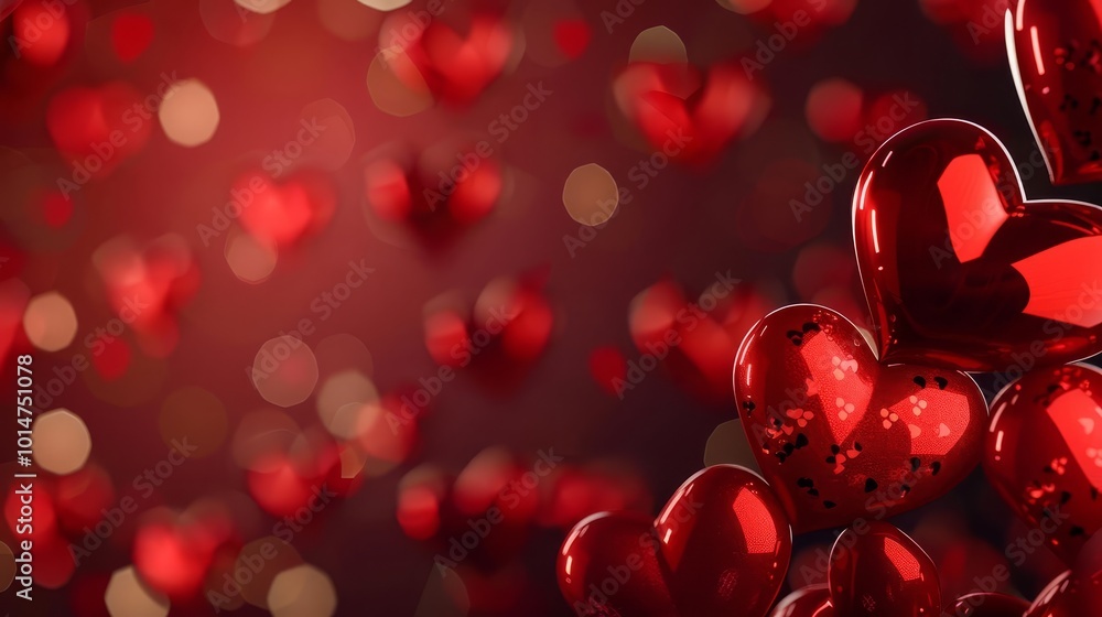 Poster red hearts floating on a dark red background with bokeh lights.