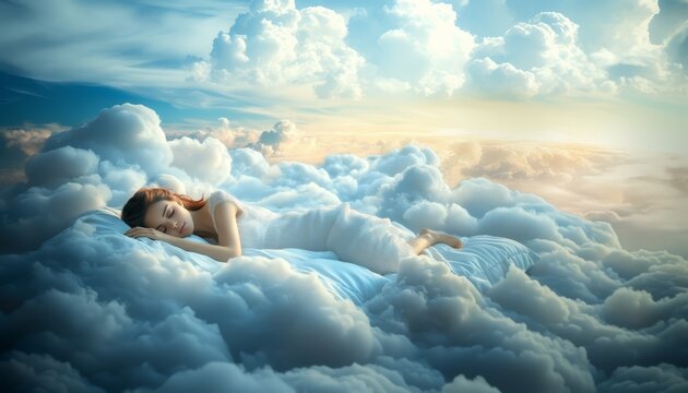 A serene Latina woman peacefully sleeping on a cloud bed amidst a beautiful sky filled with fluffy clouds during a tranquil sunset