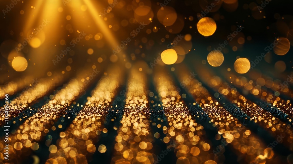 Poster abstract golden glitter background with light rays and bokeh.
