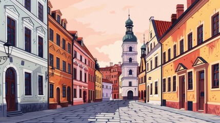 Fototapeta premium Charming cobblestone street in a European town with colorful buildings and a church tower.