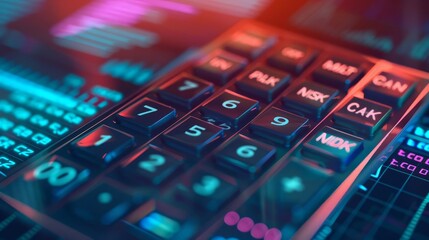 Close-up of a calculator with neon lights, highlighting the numbers and buttons.