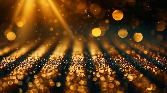Abstract golden glitter background with light rays and bokeh.