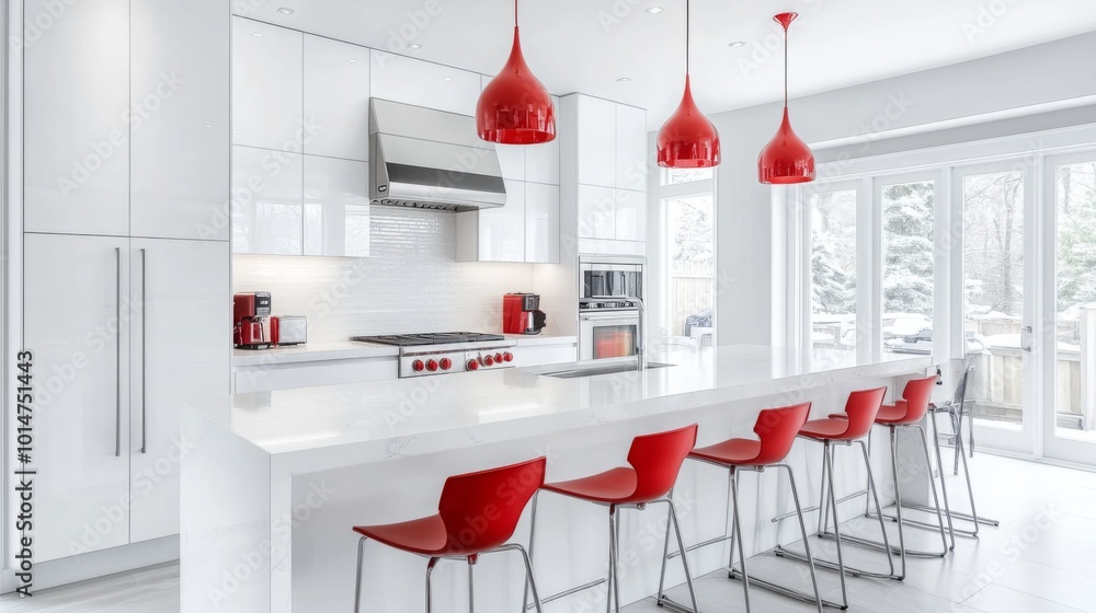Poster a contemporary kitchen features a clean, minimalist design with white cabinetry and red pendant ligh