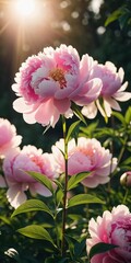 Obraz premium The vibrant peony blooms in shades of pink stand tall as the golden sun sets in the background, creating a serene and atmospheric landscape filled with warmth. Generative AI