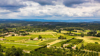 Fototapeta premium Breathtaking view of lush vineyards nestled in rolling hills on a cloudy day in the French countryside, Luberon mountains, France, Vaucluse. Serene landscape captures the beauty of rural France.
