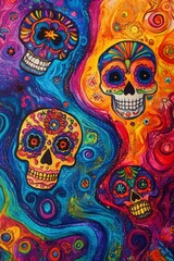 A vivid and colorful abstract artwork featuring sugar skulls with intricate patterns and a swirling, vibrant background.