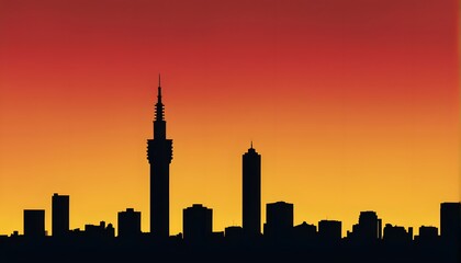 Fototapeta premium Silhouette of the Johannesburg skyline with the Hillbrow tower set against a rich red and yellow background, AI Generated