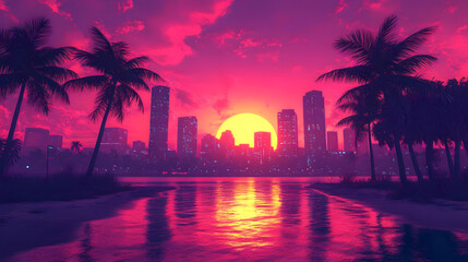 Obraz premium pink sunset in a city with skyscrapers