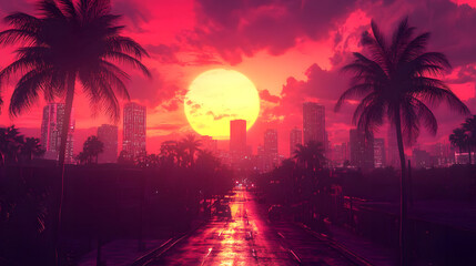 pink sunset in a city with skyscrapers