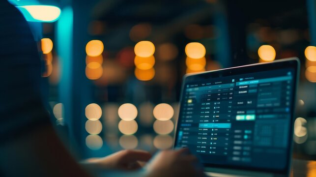 Person working on a laptop with a blurred background of lights.