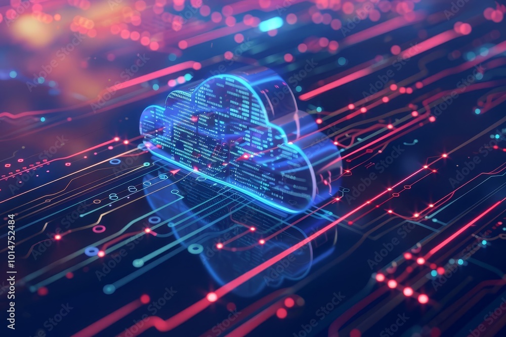Poster cloud computing concept with blue glowing cloud symbol on circuit board.