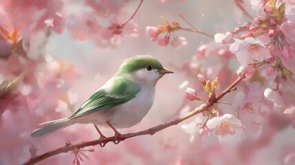 Bird sitting on a branch of a flowering tree, close-up photo