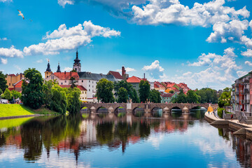 Medieval Town Pisek and historic stone bridge over river Otava in the Southern Bohemia, Czech...