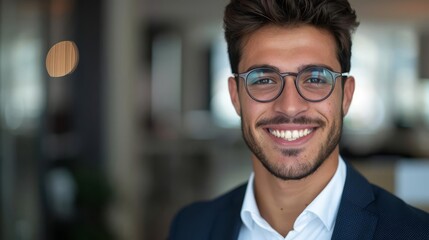 Naklejka premium Smiling young businessman in a suit and glasses.