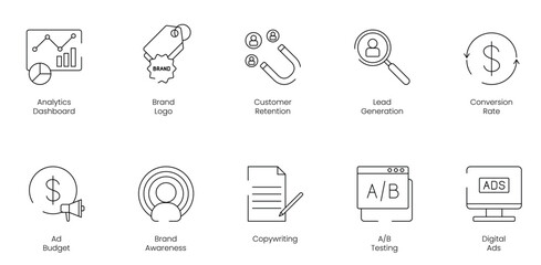 Analytical Dashboard and Brand Logo Icon Set Featuring Customer Retention, Lead Generation, Conversion Rate, Ad Budget, Brand Awareness, Copywriting, AB Testing, and Digital Ads