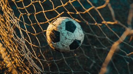 A muddy soccer ball in a net.