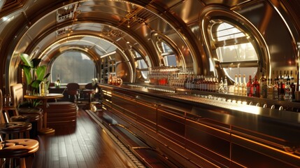 Fototapeta premium a bar set inside a train carriage, interior shot, art deco mix with futuristic 