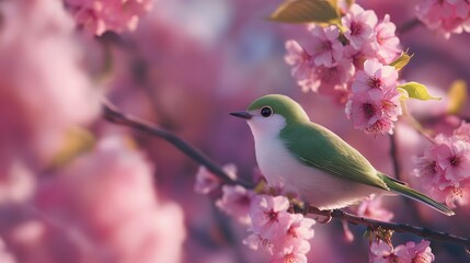 Bird sitting on a branch of a flowering tree, close-up photo