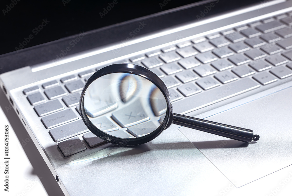 Poster seo search concept with keyword optimization on a website. laptop and keyboard used for business