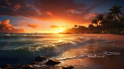 a tranquil beach at sunset, with golden hues reflecting on the calm ocean waters 