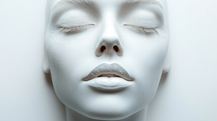 A serene white mannequin's face with closed eyes and calm expression against a plain background