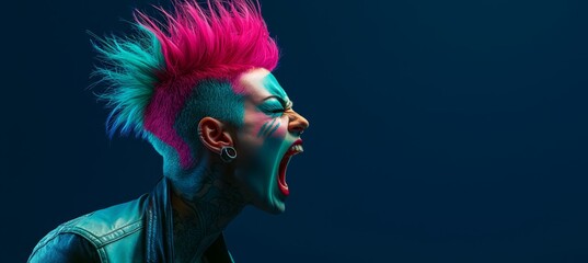 Captivating and colorful, a woman with a striking mohawk hairstyle covered in tattoos screams boldly, exuding energy in a vivid composition against a rich blue background.