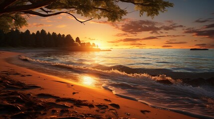 a tranquil beach at sunset, with golden hues reflecting on the calm ocean waters 