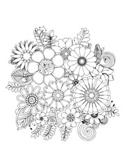 flower doodle coloring pages, line art flowers.