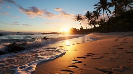 a tranquil beach at sunset, with golden hues reflecting on the calm ocean waters 