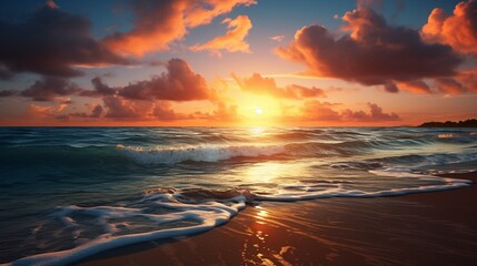 a tranquil beach at sunset, with golden hues reflecting on the calm ocean waters 