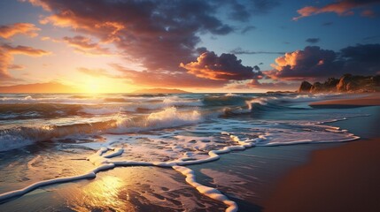 a tranquil beach at sunset, with golden hues reflecting on the calm ocean waters 