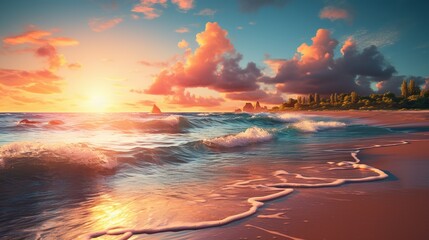 a tranquil beach at sunset, with golden hues reflecting on the calm ocean waters 