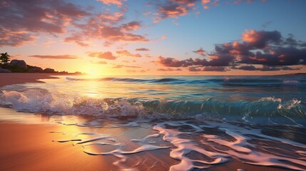 a tranquil beach at sunset, with golden hues reflecting on the calm ocean waters 