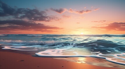 a tranquil beach at sunset, with golden hues reflecting on the calm ocean waters 