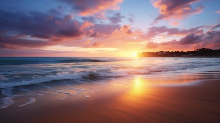 a tranquil beach at sunset, with golden hues reflecting on the calm ocean waters 