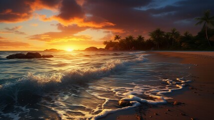 a tranquil beach at sunset, with golden hues reflecting on the calm ocean waters 