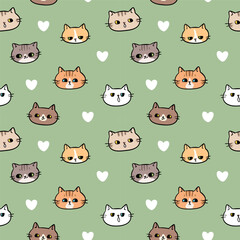 Obraz premium Seamless Pattern with Cartoon Cat Face and Heart Design on Green Background