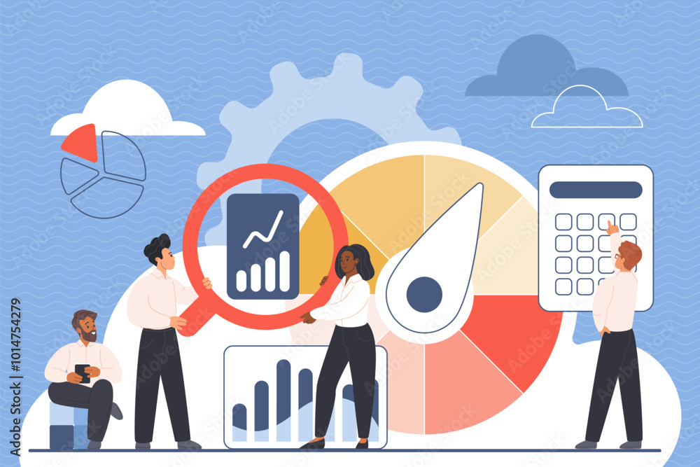 Poster Business benchmark measurement, KPI, key performance indicator analysis and quality evaluation procedure. Tiny people measure strategic chart reports with magnifying glass cartoon vector illustration