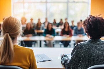 Educational seminar with a speaker addressing an audience, concept of community engagement, nonprofit work, and educational programs related to volunteerism or social good events