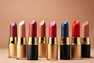 Lipsticks in different colors on beige background, closeup