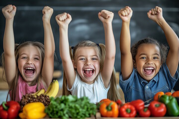 Three happy children raising their arms in celebration with fresh vegetables, concept of joy and healthy eating, promoting community programs related to food banks and volunteerism