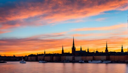 Naklejka premium Silhouette of the Stockholm skyline with gamla stan framed by a bright blue and orange sunset, Ai Generated
