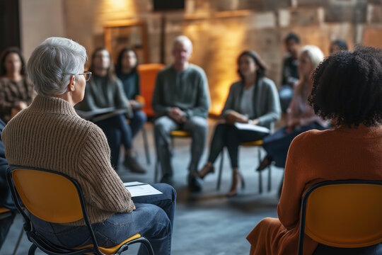 People attending a support group session, concept of elderly support, group therapy, or community volunteerism, promoting mentoring and nonprofit events related to well-being