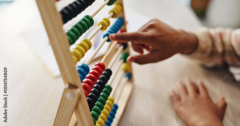 Aufkleber Hands, counting and child in classroom, abacus beads and learning of math, growth and development. Education, back to school and practice for test, numbers and student in elementary and knowledge