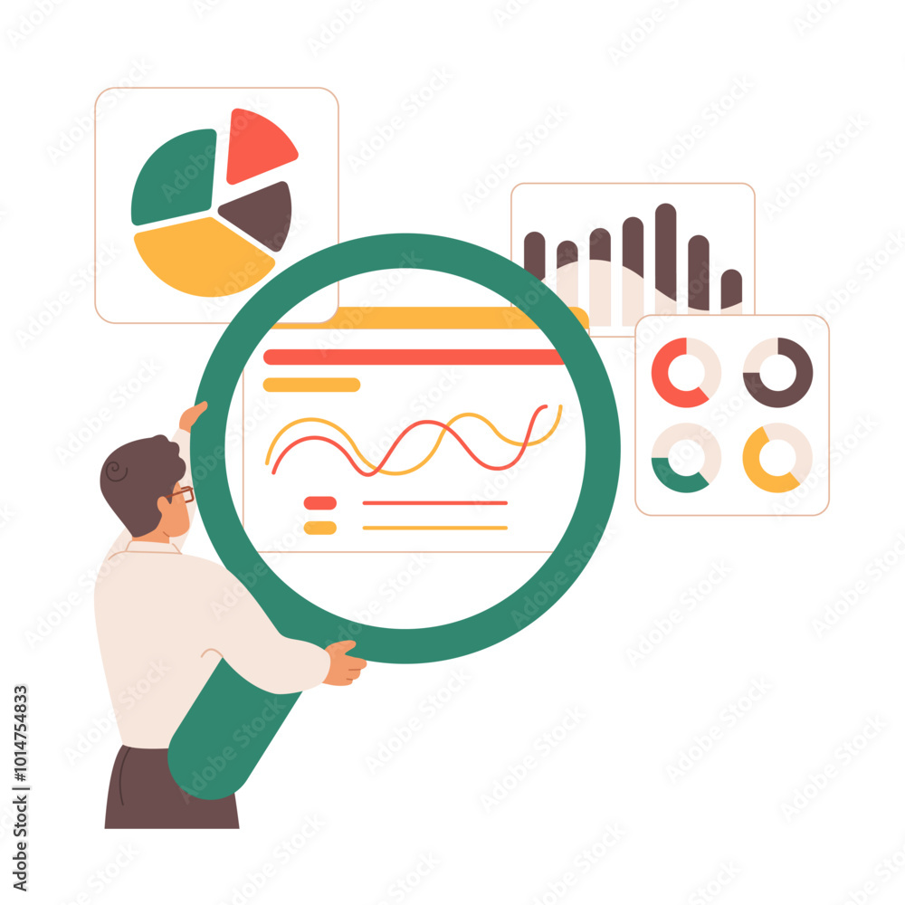 Poster Benchmark performance or KPI key performance indicator measurement. Tiny man monitoring analysis charts with big magnifying glass to evaluate information results, quality cartoon vector illustration