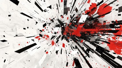 a bauhaus illustration in white, black and red of an explosion of content, the content is made by single letters, words and whole sentences flying in all directions