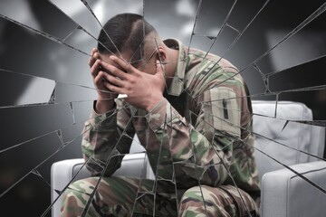 Stressed Soldier Sitting with Head in Hands Behind Shattered Glass, Military Mental Health Concept