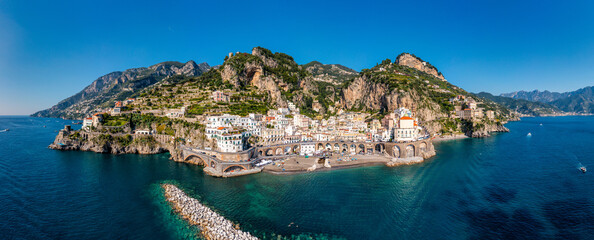 Aerial view of Atrani famous coastal village located on Amalfi Coast, Italy. Small town Atrani on Amalfi Coast in province of Salerno, Campania region, Italy. Atrani town on Amalfi coast, Italy.